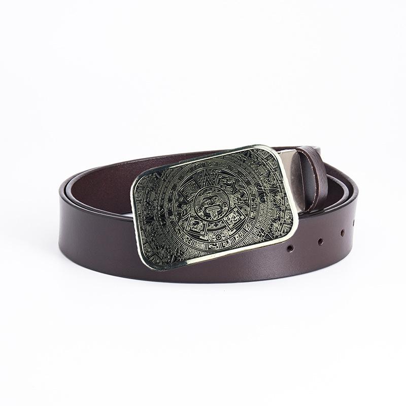 Glossy Whole Cowhide Belt, Zinc Alloy Ancient Tin Aztec Calendar Belt, Retro Large Size Pure Leather Belt.