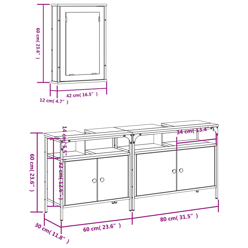 3 piece bathroom furniture set smoked oak wood based material