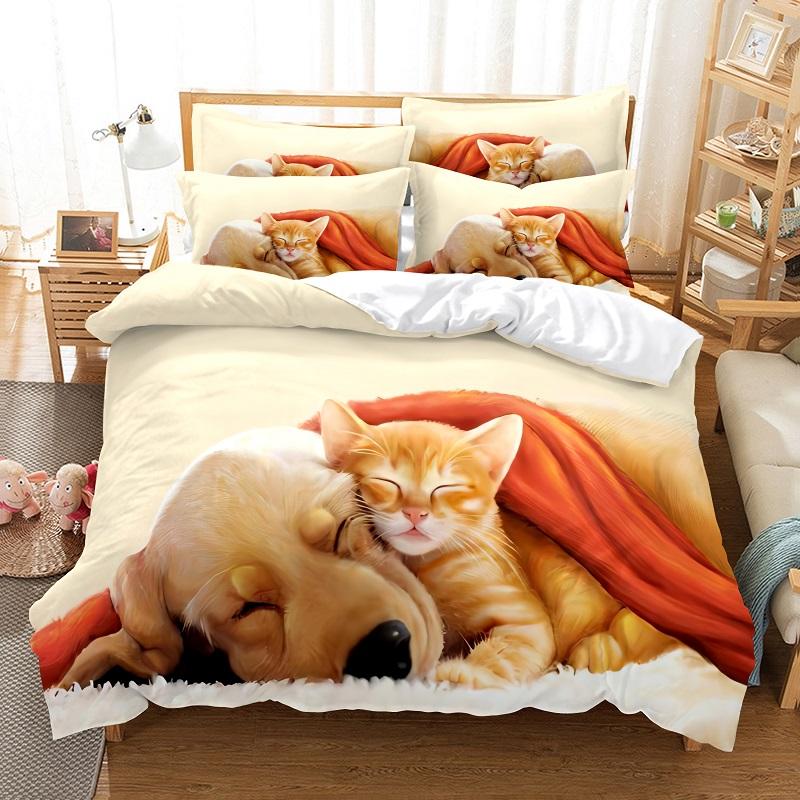 Cat and Dog Duvet Cover Set 3d Printing Cute Animal Theme Comforter Cover King Queen Size for Kid Boy Girl Polyester Bedding Set