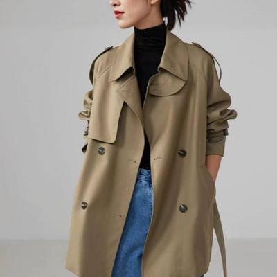 Women's Khaki Trench Coat 2025: Korean Style, Double-Breasted, Slim Fit for Spring and Autumn.