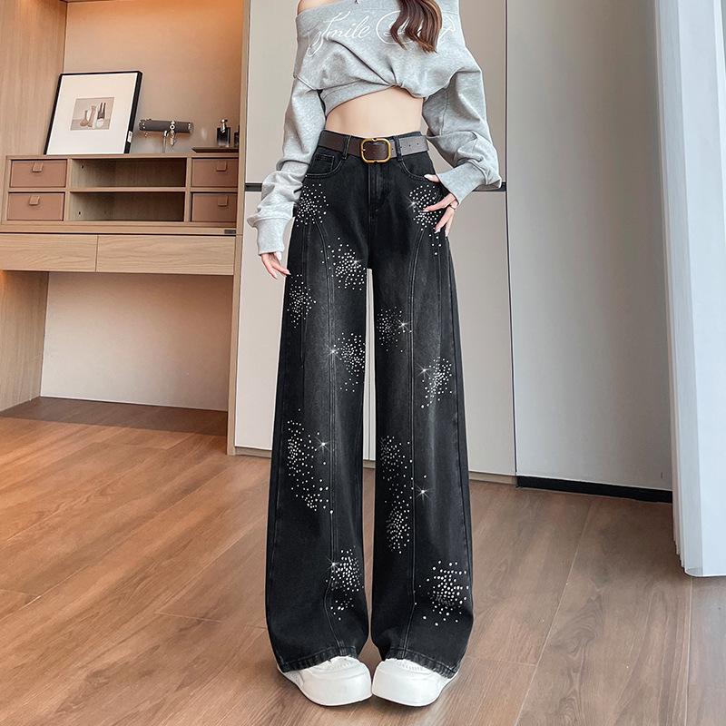 Women's Retro Fireworks Rhinestone Denim Jeans: Stylish Wide-Leg, Floor-Length Pants