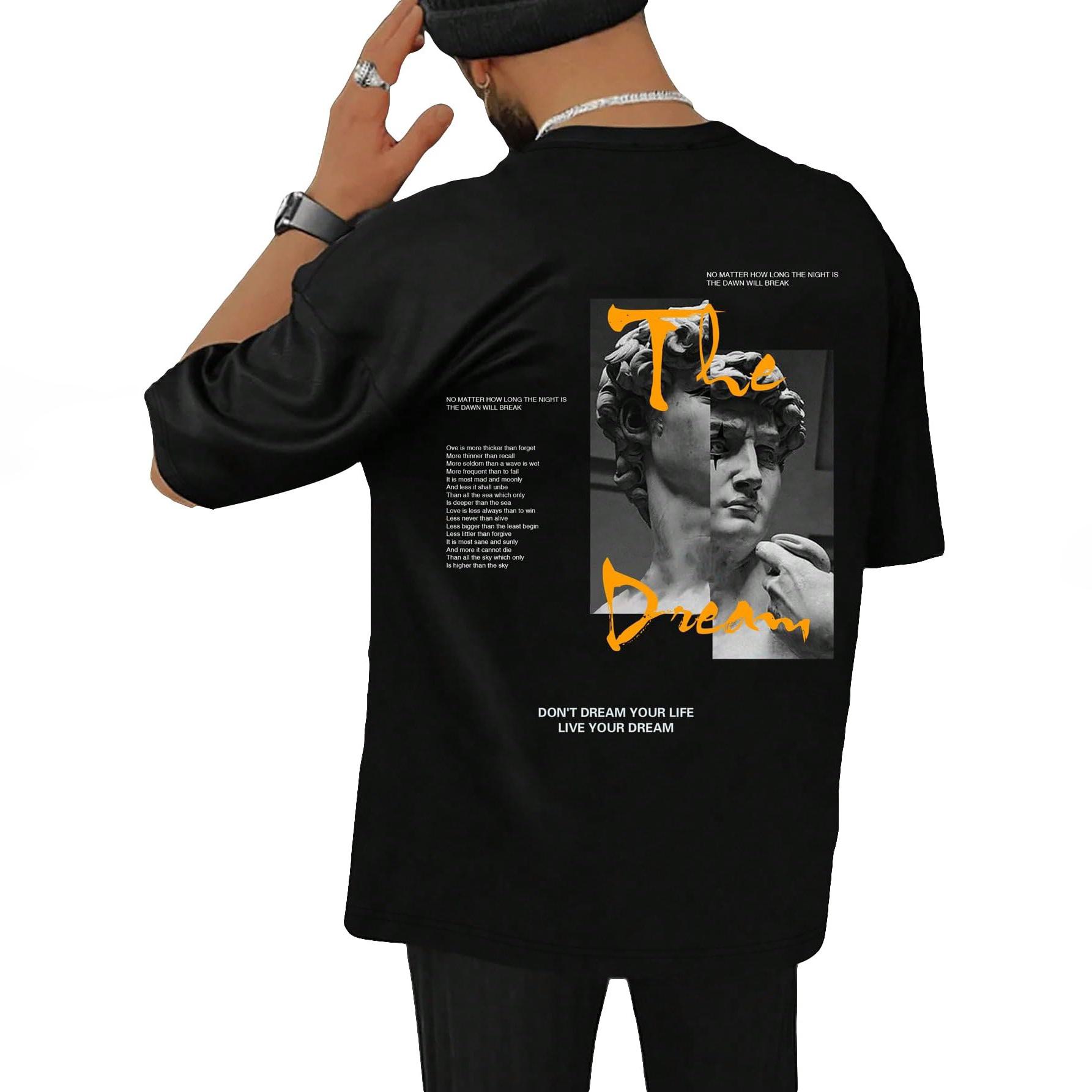 

Men s Aesthetic The Dream Graphic Tee, Sculpture Art & Inspirational Quote Streetwear Oversized T-Shirt L чёрный