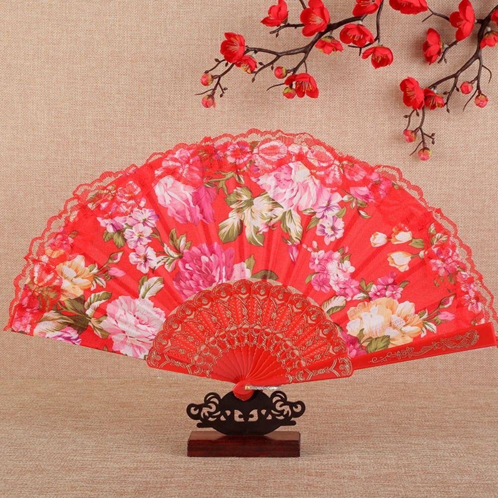 

Изысканный кружевной складной веер, винтажный реквизит, портативный танцевальный ручной веер, украшение для дома красный