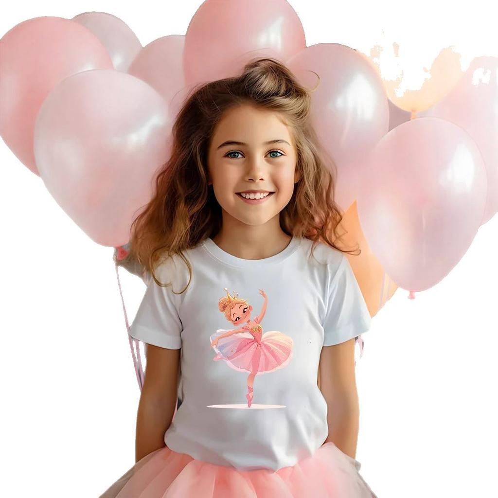 Girls Pink Ballerina Girl Printed Round Neck Short Sleeve T-shirt Summer Kids Casual T-shirt