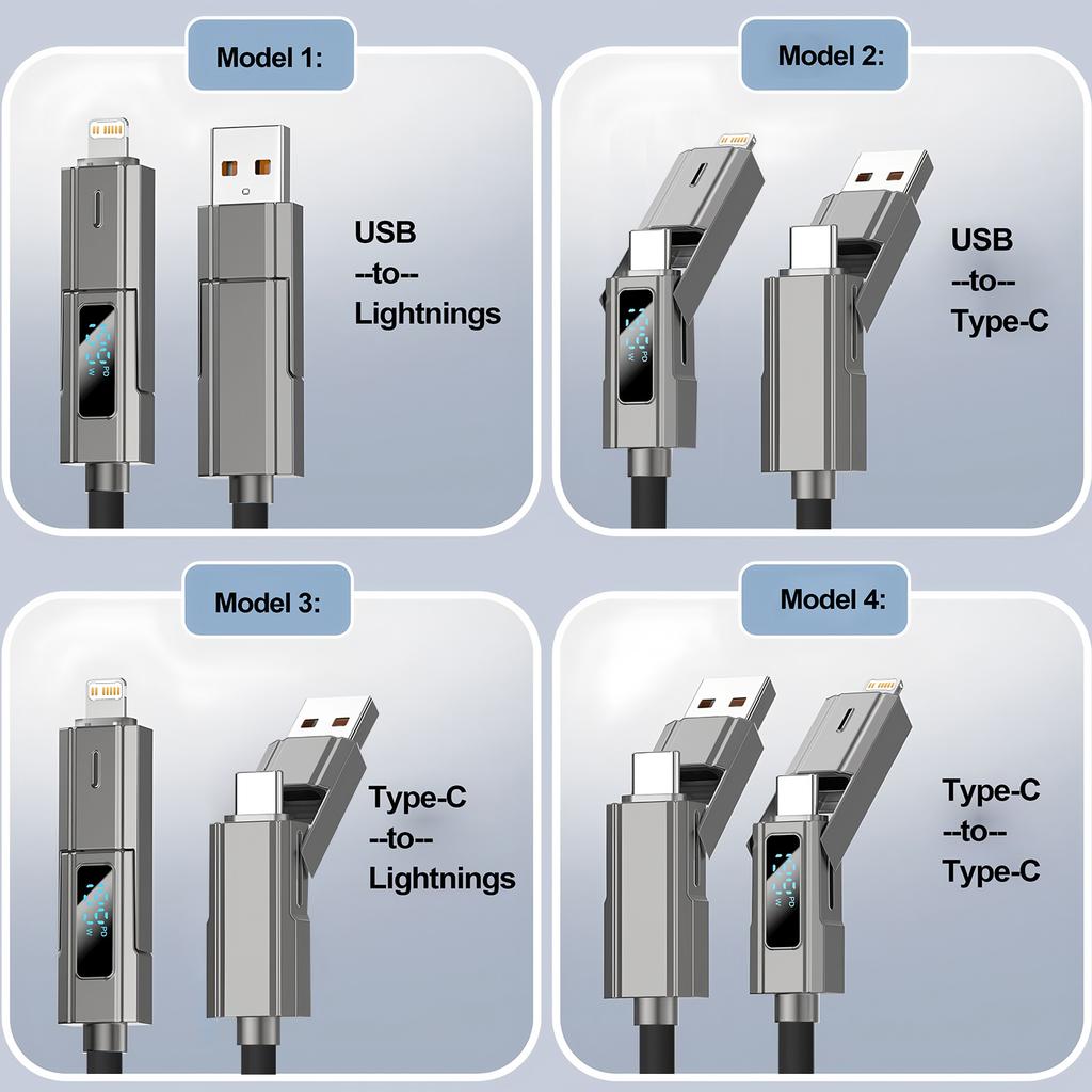 4 in 1 USB C Lightning Micro 1 Meter Fast Charging Cable with LED Display,PD Quick Charge for Smart iPhone Samsung Xiaomi