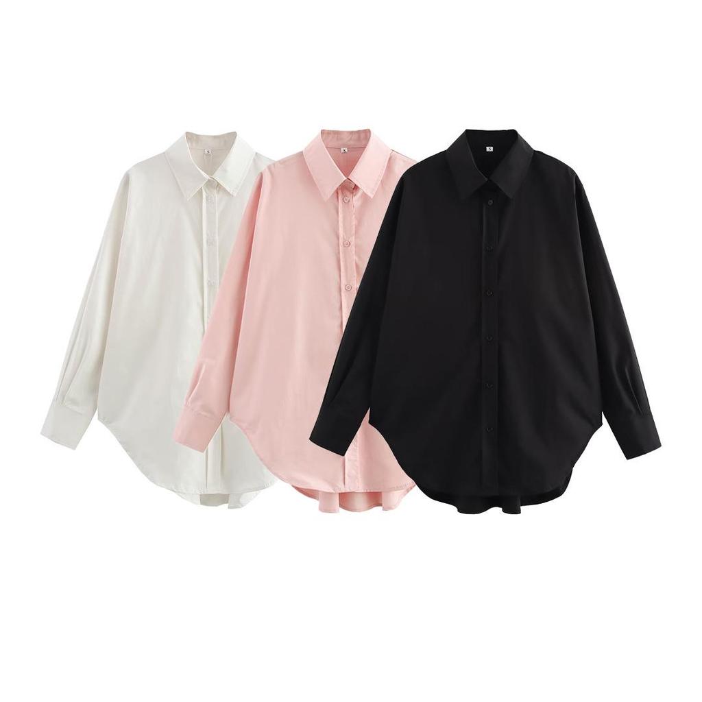 2025 Spring Women's European & American Style Casual Loose Long-Sleeve Cotton Shirt with Turn-Down Collar