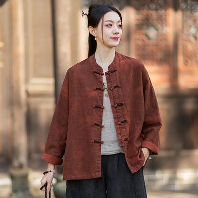 Bluse Vintage da Donna Primavera Stile Cinese Camicie Monocolore Camicie a Collo Alto a Manica Lunga con Bottoni