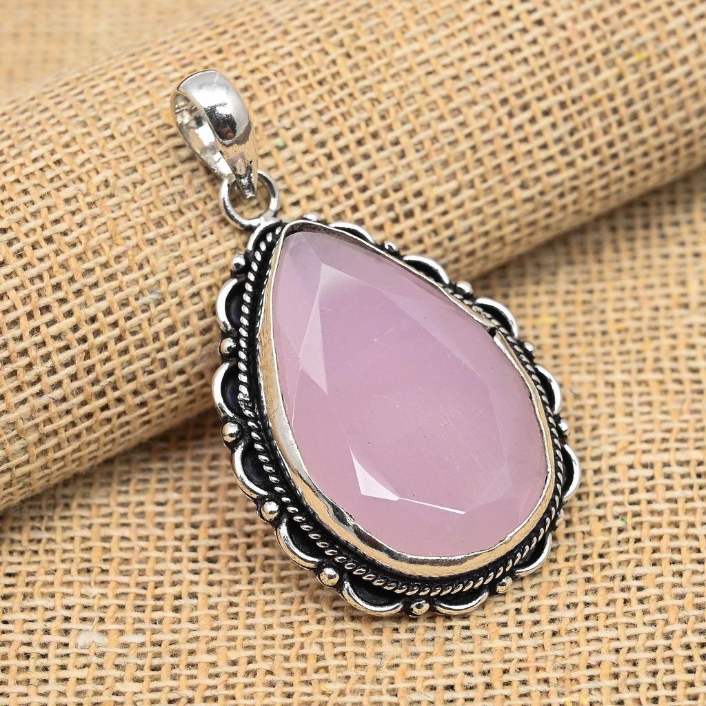 Faceted Pink Chalcedony Gemstone Handmade 925 Sterling Silver Pretty Pendant For Gift