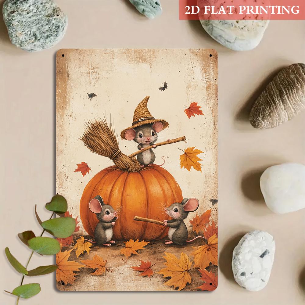2D Flat, 2D Flat 1pc, Enchanted Harvest Mice Iron Metal Decorative Sign, 8x12 Inch Vintage Aesthetics, Whimsical Cute Style, Suitable for Living Room,