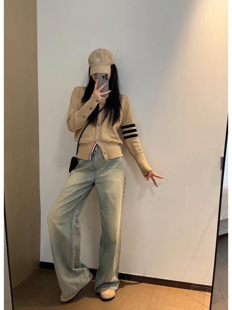 2025 Women's Soft Knit Colorblock V-Neck Cardigan - Early Autumn Preppy Style