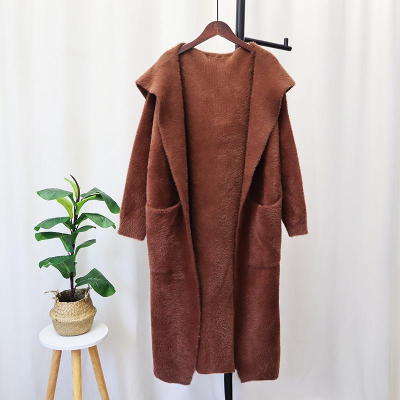 

Кардиган женский вязаный из искусственного норкового бархата с капюшоном и карманами, новый свободный свитер-жакет на осень и зиму one size fits all темно-коричневого