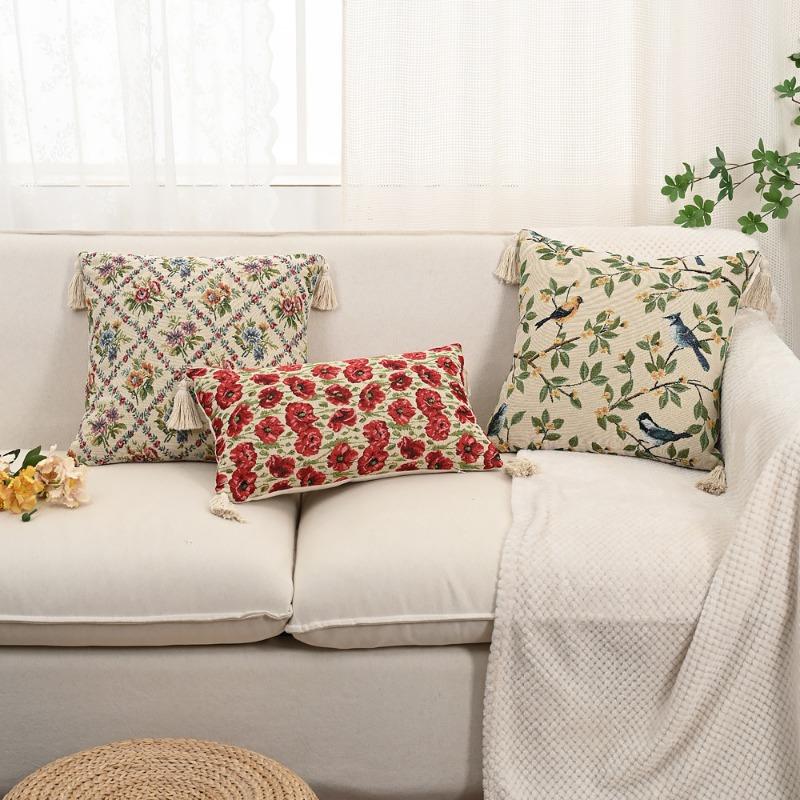 Retro European Style Cotton Linen Flower Cushion Pillowcase Living Room Sofa Backrest High Precision Jacquard Cushion Cover