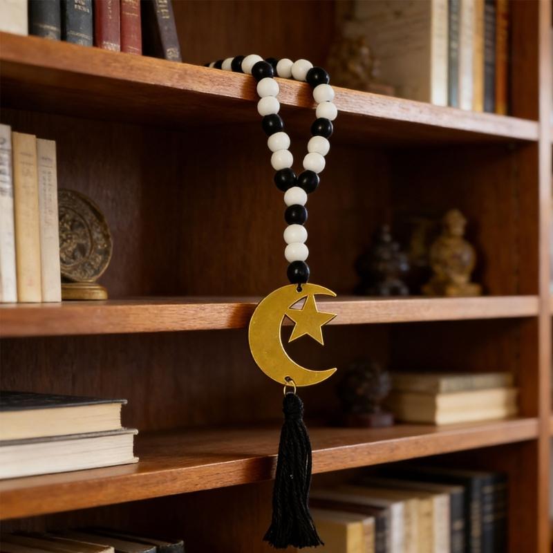 Ramadans Wood Beaded Garlands Acrylic Moon Pendant Wall Hanging Ornament with Tassels For Islamic Festives Home Decorations