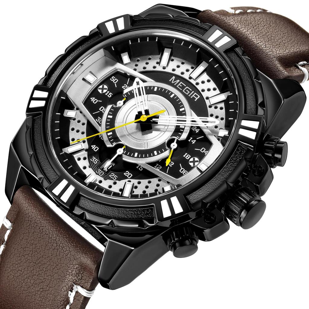 New Watches Men Luxury Brand MEGIR Chronograph Men Sports Watches Waterproof Leather Quartz Men's Watch Relogio Masculino