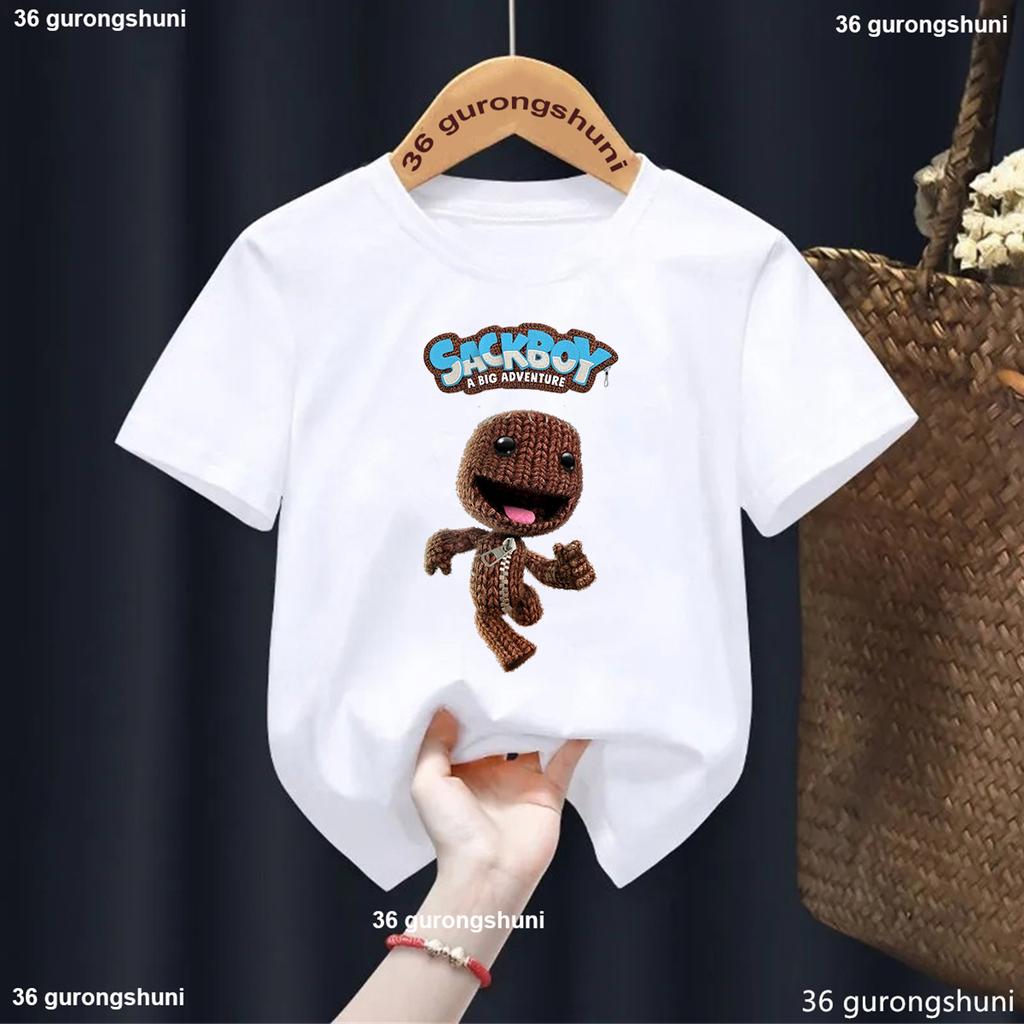 New Boys T-Shirt Funny Video Game Lbp Sackboy Cartoon Print Kid Tshirt Fashion Trendy Boys Clothes Summer O-Neck White Shirt Top
