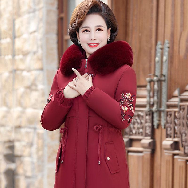 Autumn Winter Coat Down Cotton Jacket Middle-Aged Women Long Quilted Jackets Female Warm Hooded Fur Collar Parker Overcoat
