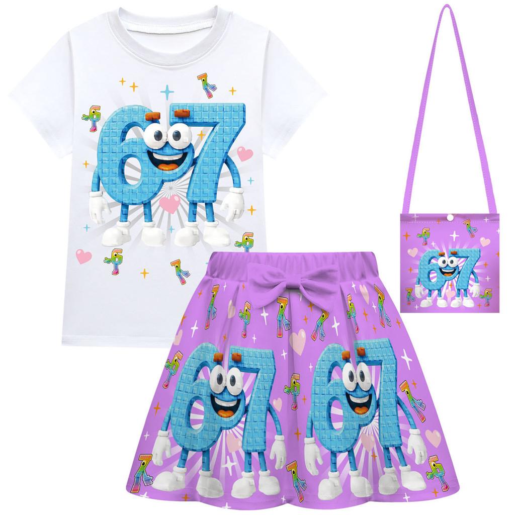 Kids Girls Steal a Brainrot 67 Print Sets Short Sleeves T-Shirt Skirt Bag Clothes Set