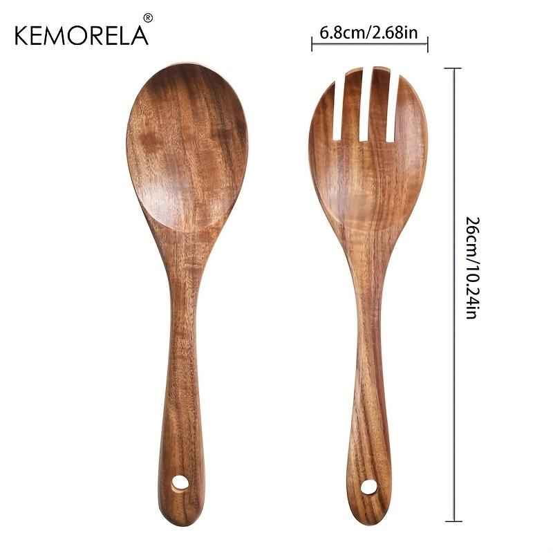 Akaciaträ Salladsbestick Set med 2 Långskaftad Sked Och Gaffel Set för Blandning Hållbara KöksServeringsverktyg