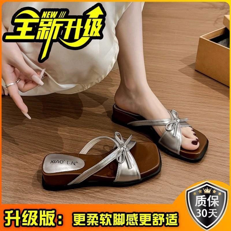 Korean Fashion Bow Wedge Slippers Female 2025 Summer New Retro Open-toed Fairy Wind Thick-bottomed Cool Slippers