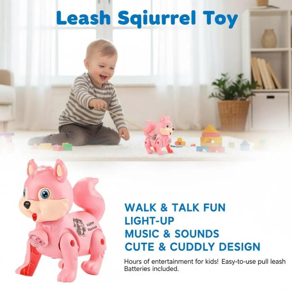 Niederspielzeug Eichhörnchen zum Gehen mit Leine, blinkendem LED-Licht und dynamischer Musik, interaktives sensorisches Spielzeug für Kinder