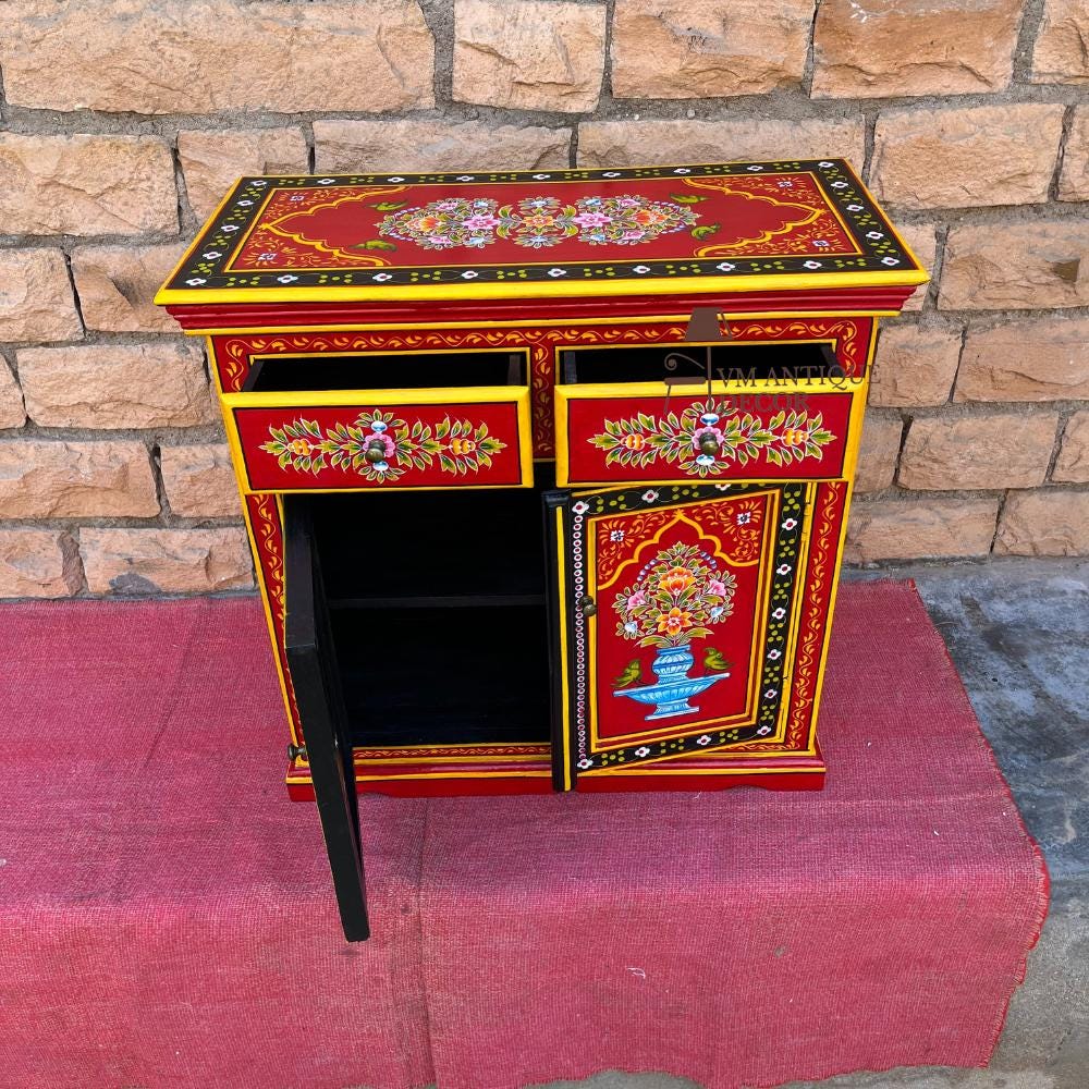 Wooden Painted Cabinet | Traditional Indian Storage Desk SideBoard| Bedside Floral Design | Home Decor Cupboard | Painted Accent Furniture