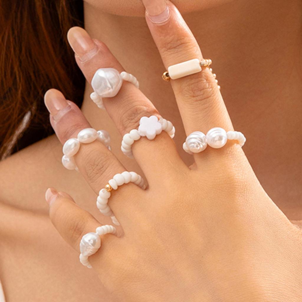 Geometric Irregular Cross Turquoise Ring, Acrylic Stretch Pearl Ring Set