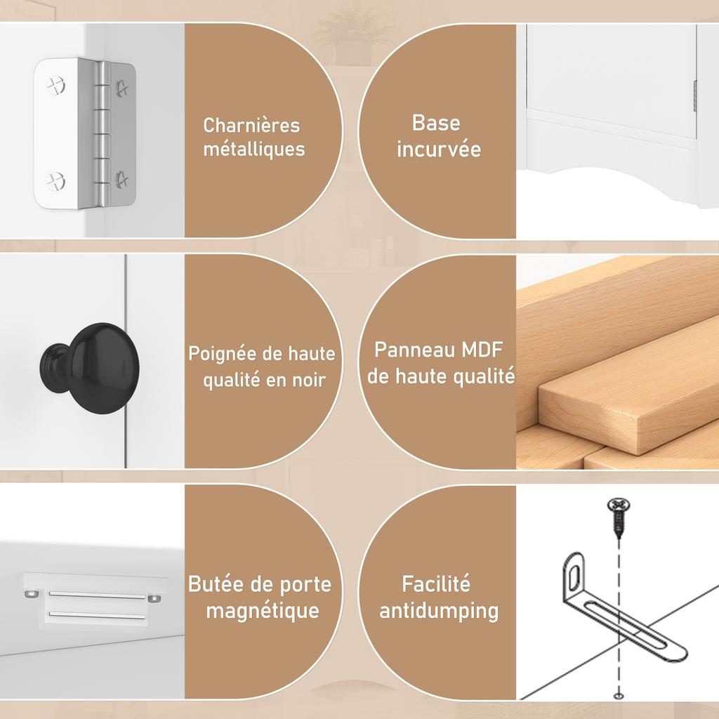 Dreieckiger Badezimmerschrank, Vollständig lackiert, Zwei offene Regalfächer, Zwei Schranktüren, Verstellbare Einlegeböden, Einfache Form, Weiß