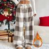 Soft Skin Friendly Sleep Pants Women Plaid Wide Leg Pants, Drawstring High Waist Thick Coral Fleece Velvet Trousers Warm Loungewear, Anti-Pilling