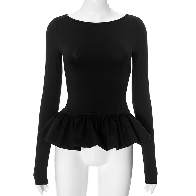 

YYFS Жіноча мода повсякденна весна осінь одноколірні блузки та сорочки з довгим рукавом і круглим вирізом з принтом M чорний