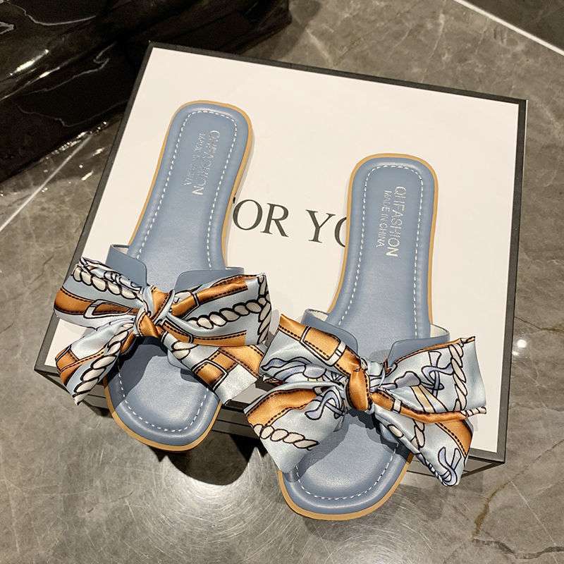 Foot Width Fat Fat Large Size Women's Shoes 35-43 Bow Cool Slippers Women's Versatile Korean Version Soft Flat Bottom Non-slip One-word Drag