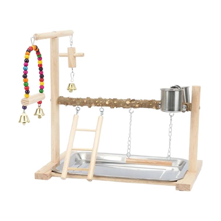 Wood Bird Play Stand Playgrounds Toy with Textured Branch Perch, Swing, Climbing Ladder and Metal Tray for Pet Bird Rest, Exercise Activity
