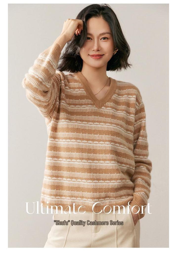 Women's Color Block V-Neck Cashmere Sweater - 2025 Autumn/Winter Korean Style Loose Slimming Pullover
