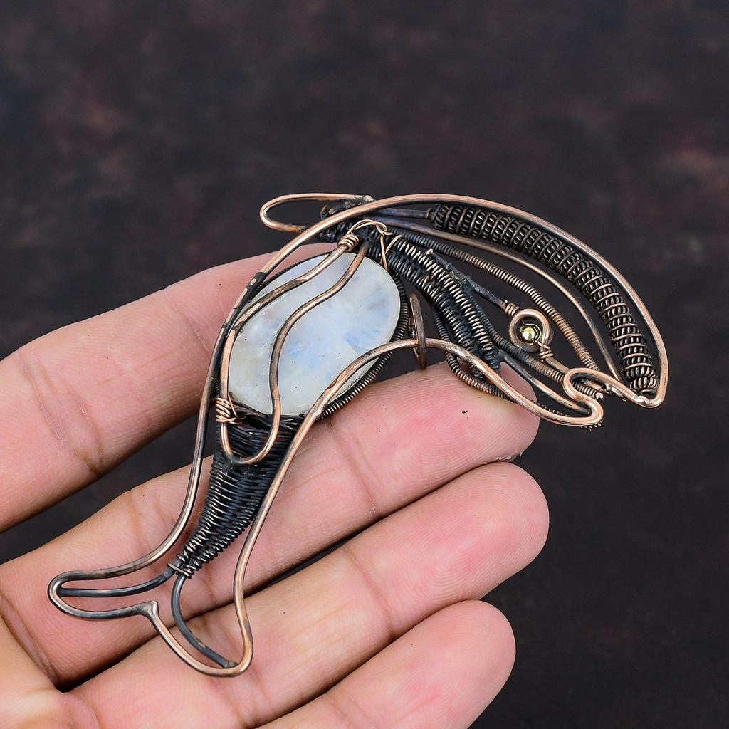 Rainbow Moonstone Pendant Copper Wire Wrapped Gemstone Pendant Fish Jewelry Handmade Pendant Unique Pendant Gift For Her Copper Wire Jewelry
