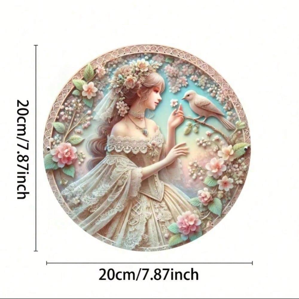 Iron Wall Art Round Metal Painting Girl with Bird Home Decor Garden Holiday Gift