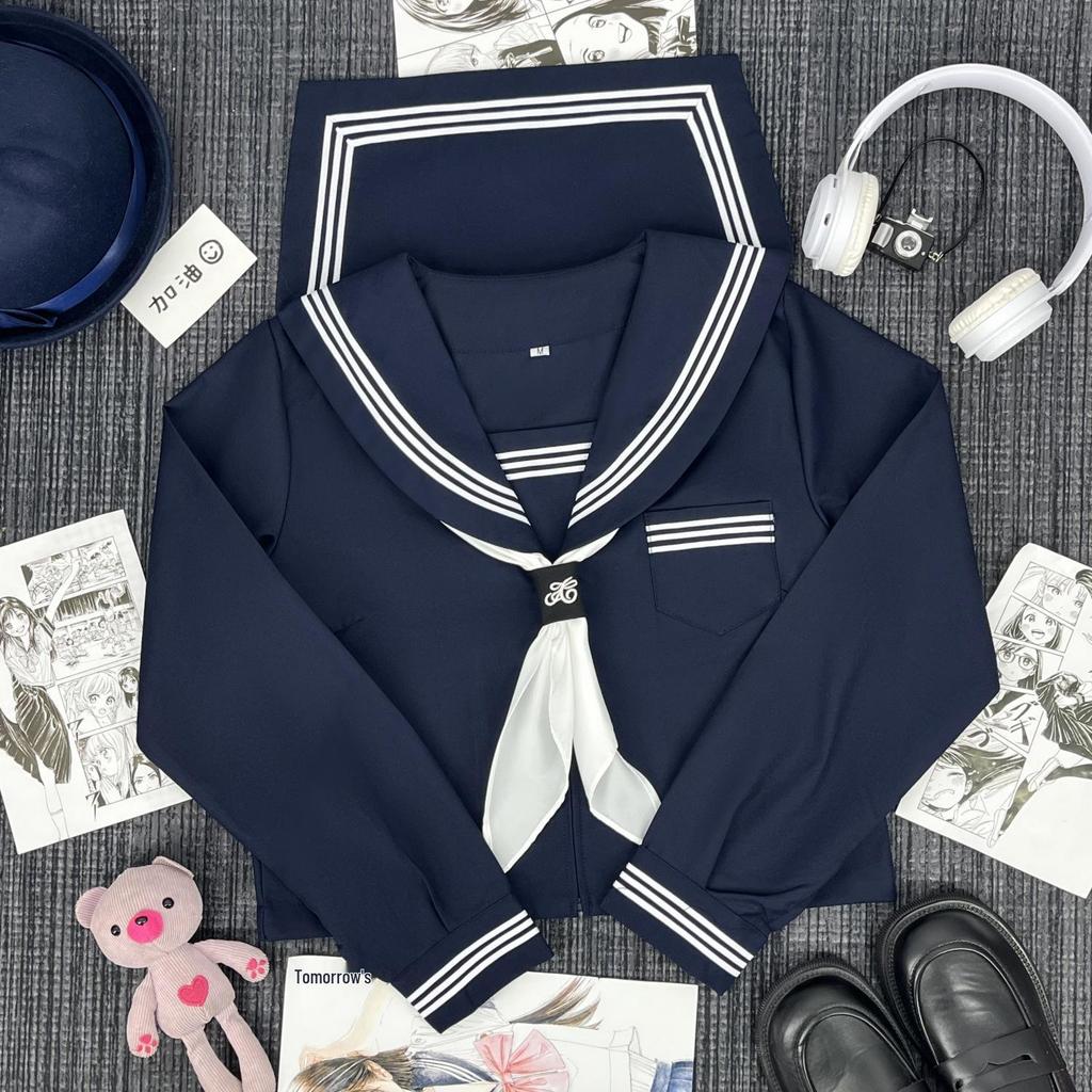 Original JK Navy Three-Line Sailor Uniform: Authentic Japanese Academy-Style Student Mid-Length Uniform