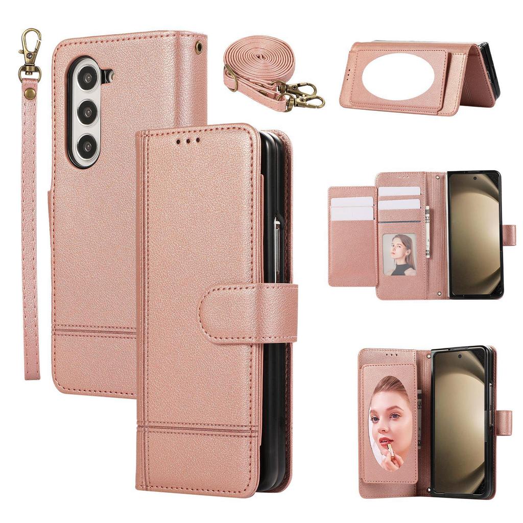 Samsung Z Fold 6/7 Mirror Flip Crossbody Leather Phone Case with Card Holder