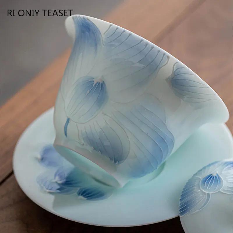 140ml Chinese Hand-painted Lotus Flower Ceramic Tea Tureen Teacup Portable Gaiwan Set Handmade Porcelain Tea Bowl Home Tea Set