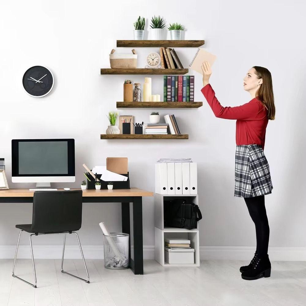 Solid Wood Wall Mounted Bookshelf Floating Design Display Stand Storage Organizer Bathroom