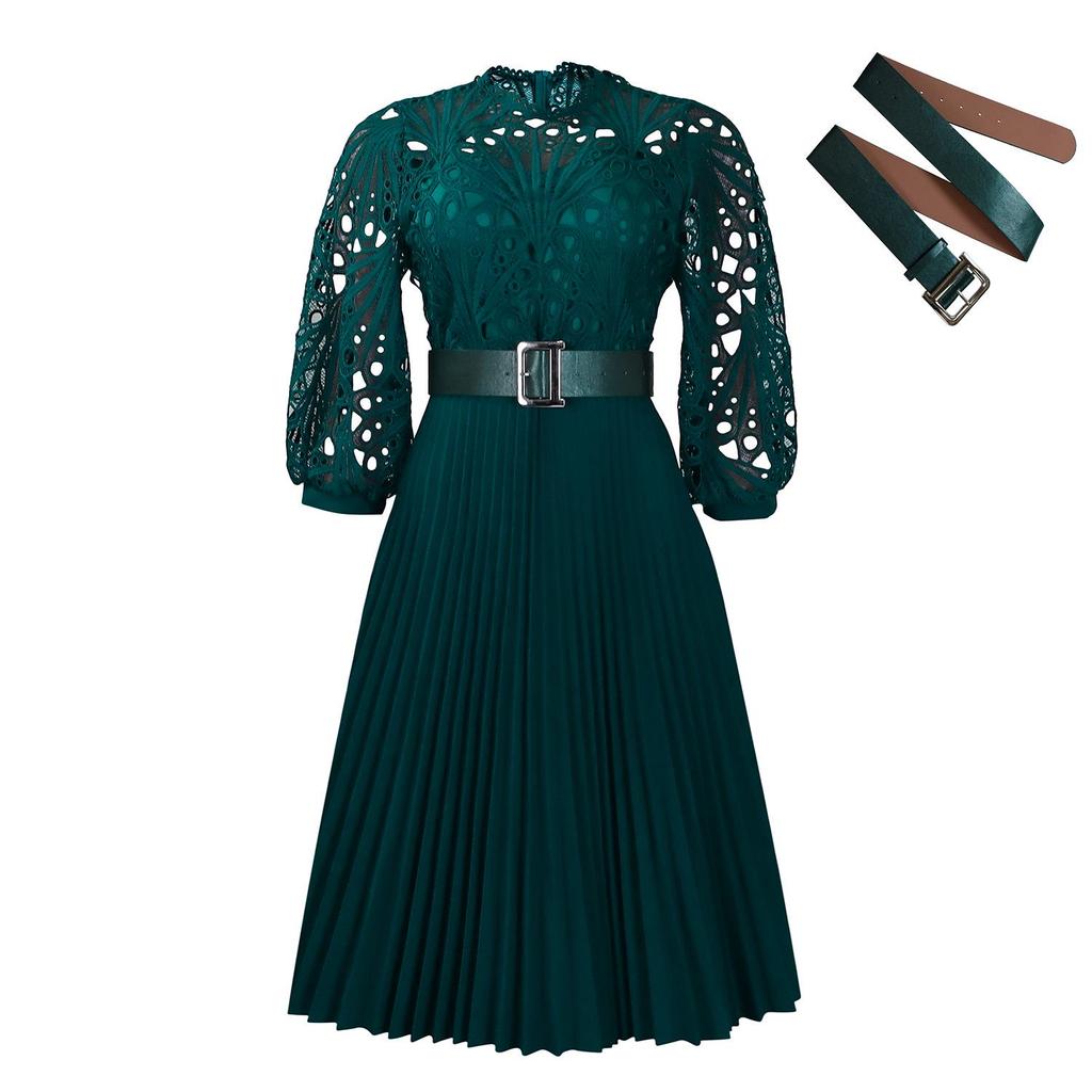 C8595 Women's Solid Color Lace Crochet Pleated Dress