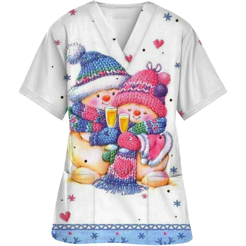 

Christmas Printed V-Neck Scrubs Tops for Woman Man Blouse Cotton Surgeon Working Clothes Medical Uniform Doctor Nurse Scrub Tops 5XL