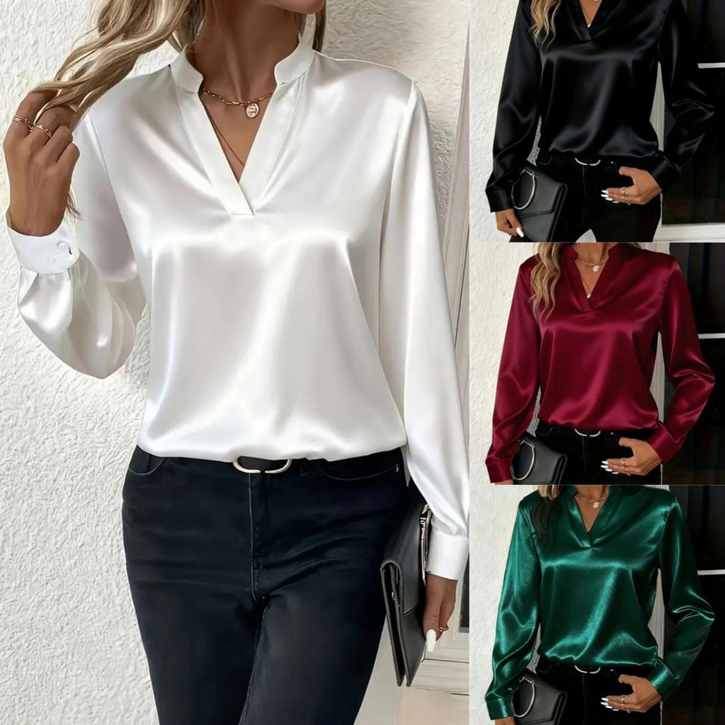 Women's Fashionable Casual Minimalist Elegant Versatile V-Neck Loose-Fit Shirt Top