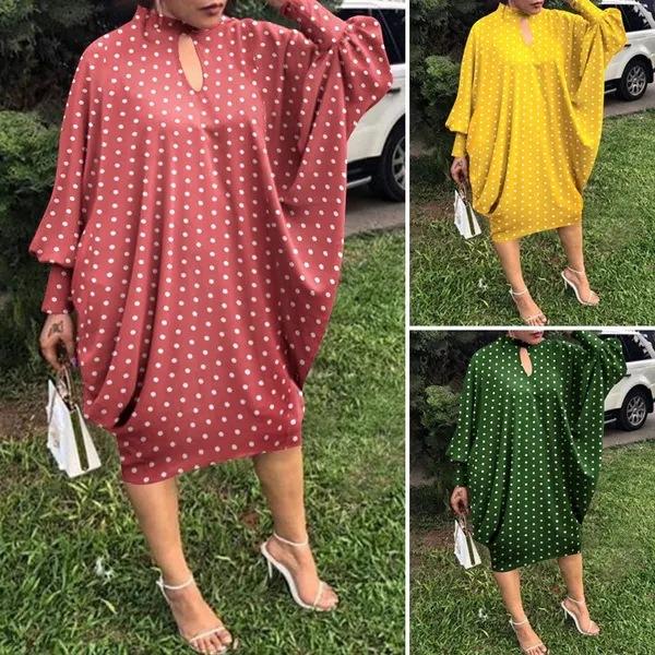European Beautiful Women's Long-sleeved Holiday Party Dress Casual Loose Polka Dot Print Medium and Long Dress