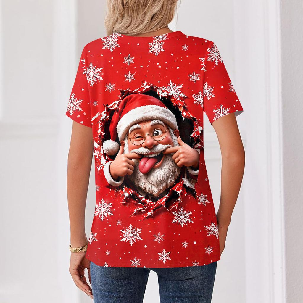 Women's Casual Christmas Print V-Neck Short Sleeve Button Front T-Shirt Top