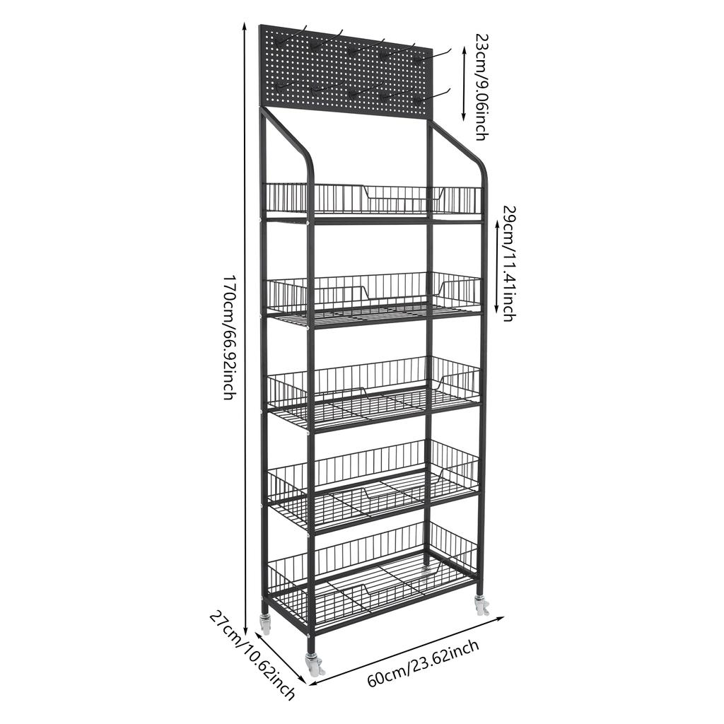 5 Tier Retail Display Rack Stand Snack Candy Display Organizer with 10 Hooks Snack Rack Basket Stand Cart Metal Wire Basket Cart