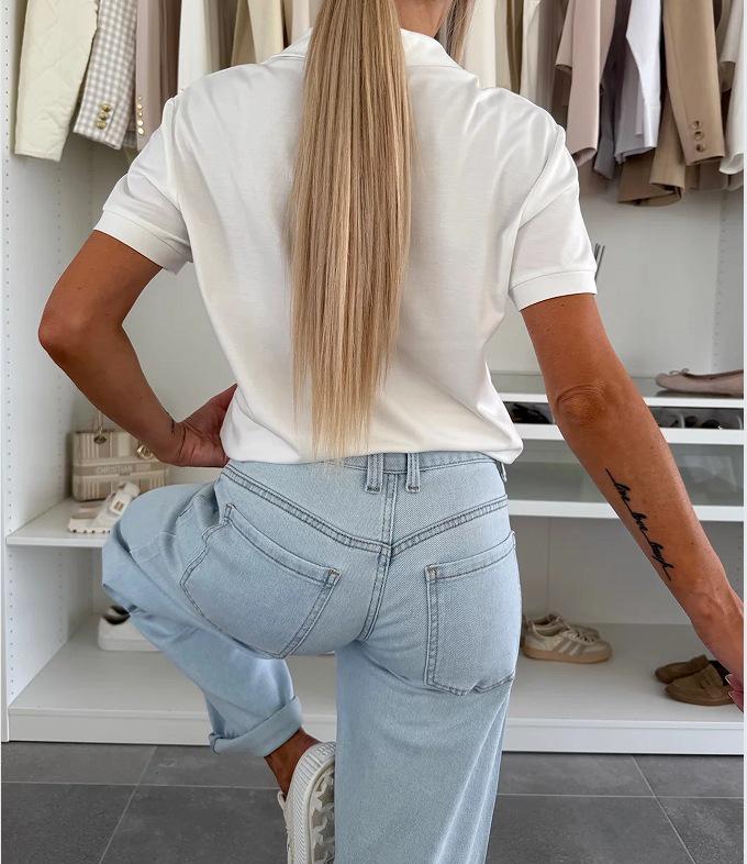 2025 Urban Casual Women's Lapel Solid Color Pocket Short Sleeve T-shirt