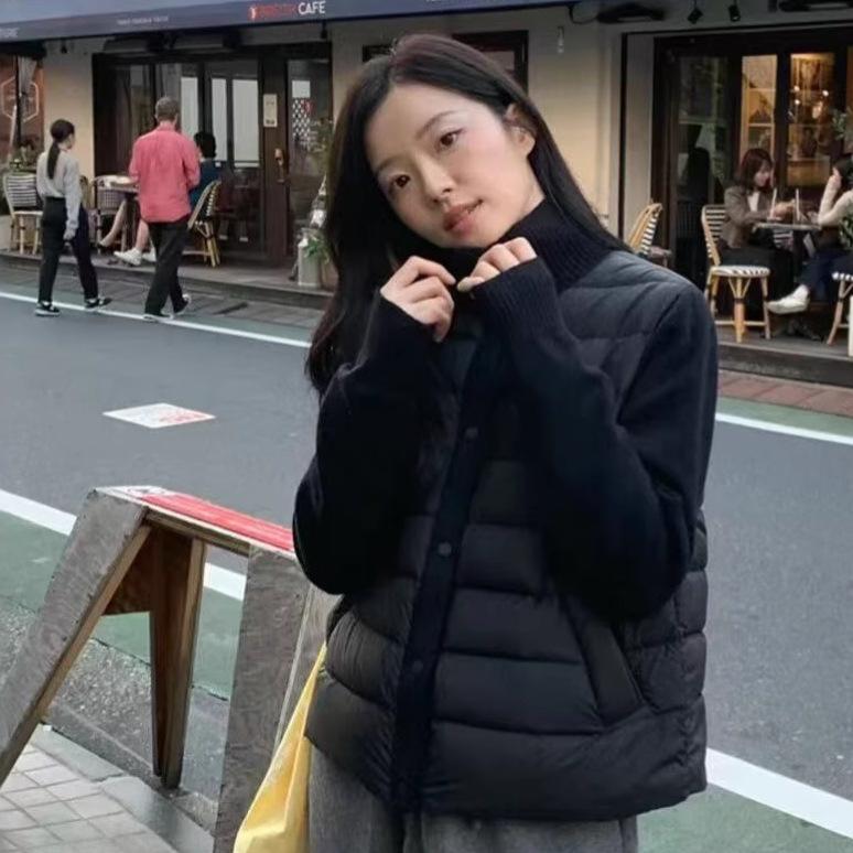 Dongju Good-looking Knitted Stand-up Collar Splicing Ribs Down Jacket Women's Short Warm and Light Bottoming Jacket
