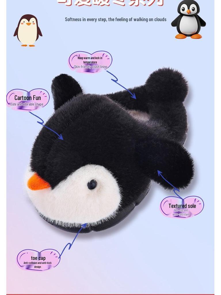 Pinguïn Pluche Furry Pantoffels voor Kinderen - Warme, Zachte, Gesloten Hiel Katoenen Schoenen voor Jongens en Meisjes