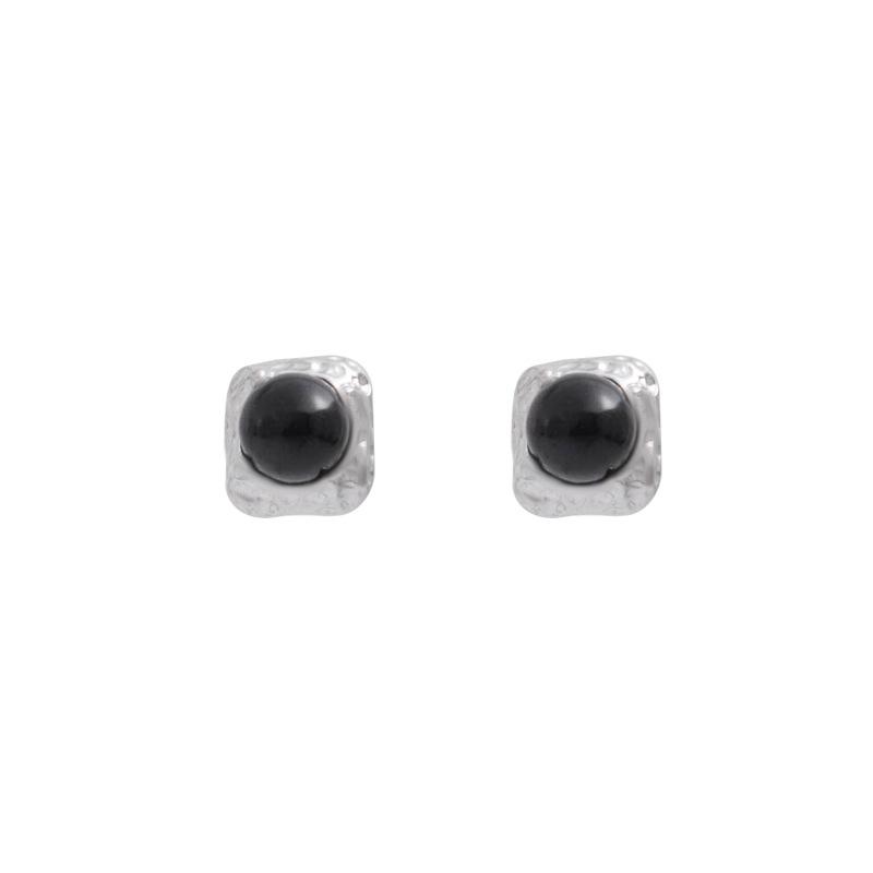 Retro Hepburn Style Black Pearl Earrings, Simple Metal Style High-End Geometric Square Texture Stud Earrings
