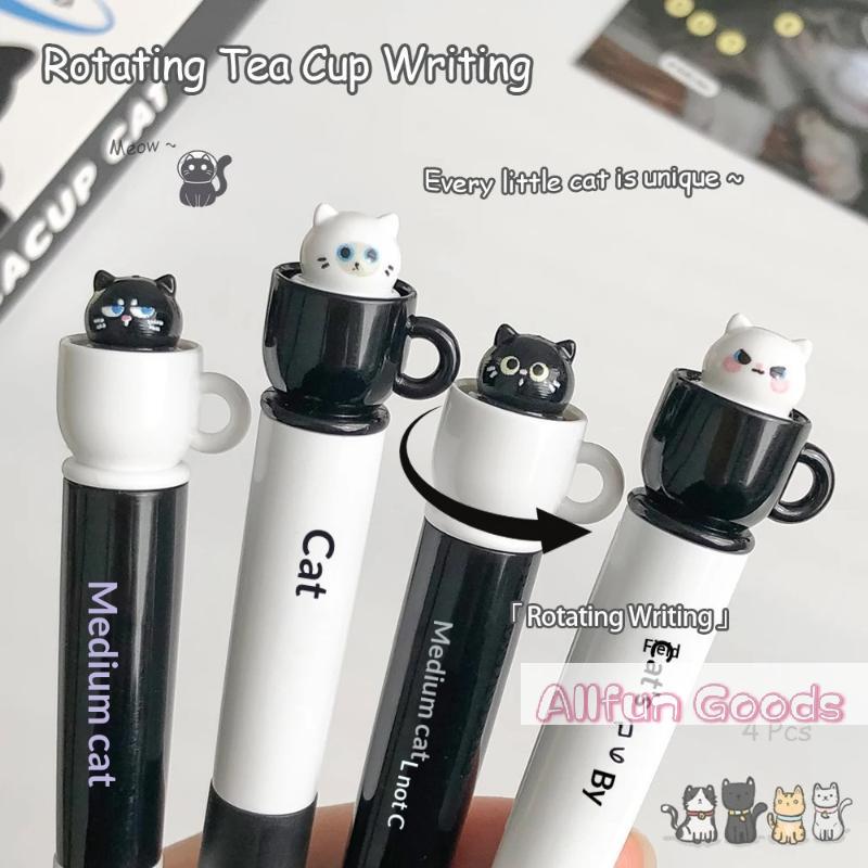 [TG835]Cute Teacup Cat Gel Pens 0.5mm Fun Animal Quick Dry Pen Creative Rotating Cat Pocket Pen For School & Office Use