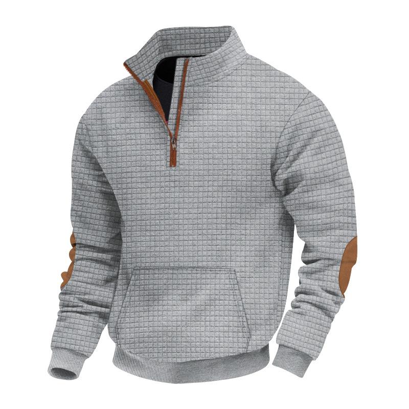 Fashionable Men's Casual Sweatshirt with Jacquard Small Check Embroidered Patchwork Stand Collar Loose-Fit Top